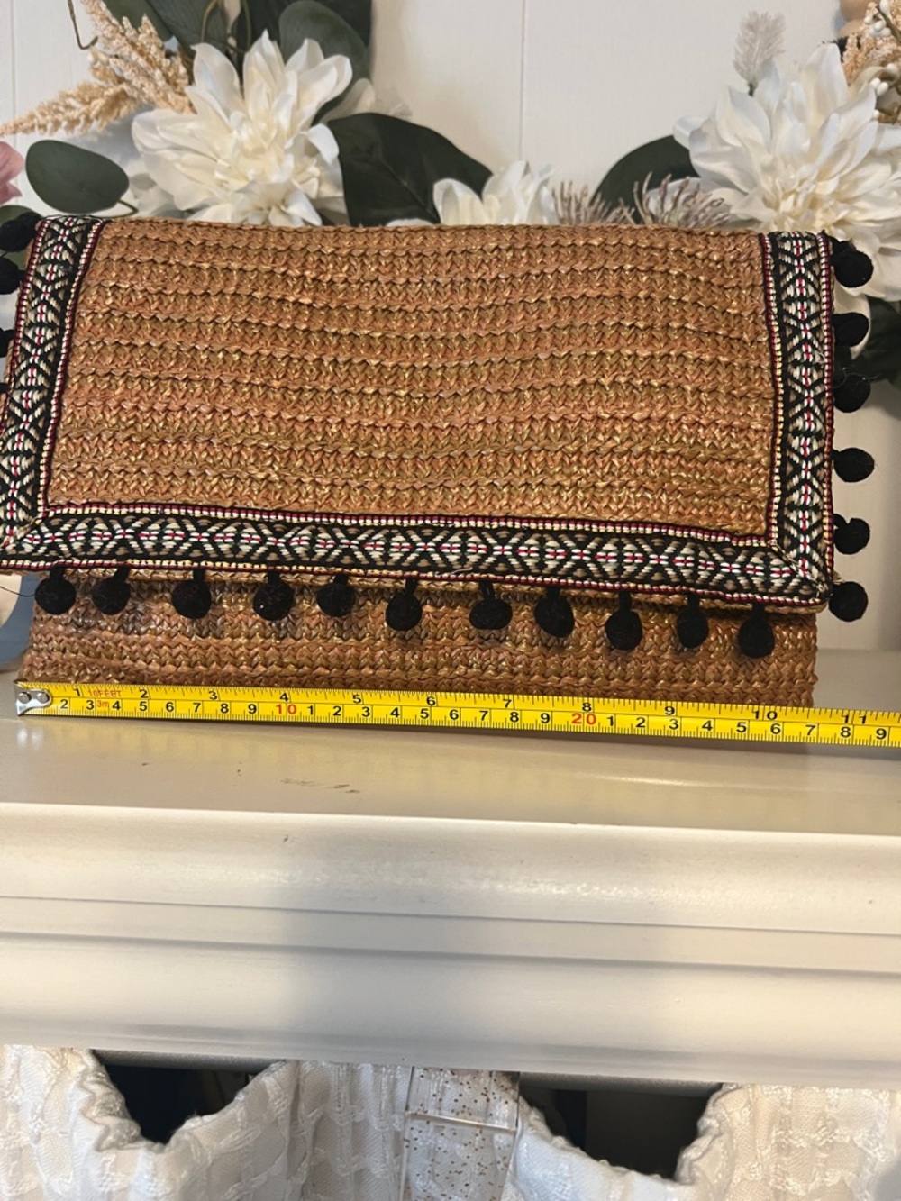Woven Straw Clutch with Black Pom Pom Trim - Picture 3 of 8